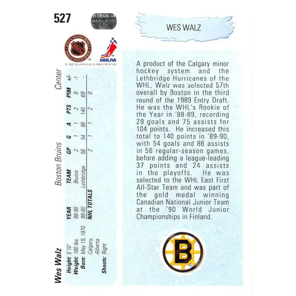 1990-91 Upper Deck #527 Wes Walz NM-MT RC Rookie Boston Bruins Hockey Card - Hockey Card Single