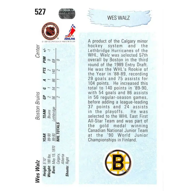 1990-91 Upper Deck #527 Wes Walz NM-MT RC Rookie Boston Bruins Hockey Card - Hockey Card Single