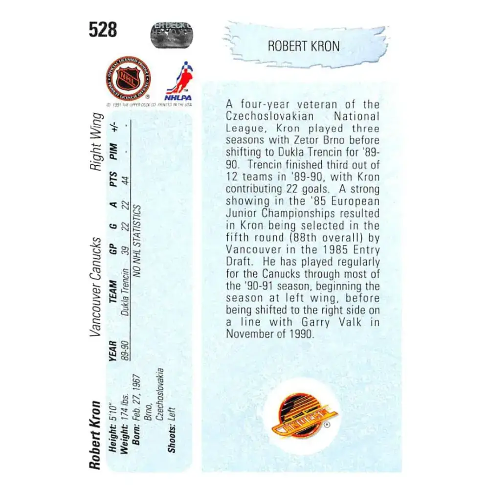 1990-91 Upper Deck #528 Robert Kron NM-MT RC Rookie Vancouver Canucks Hockey Card - Hockey Card Single
