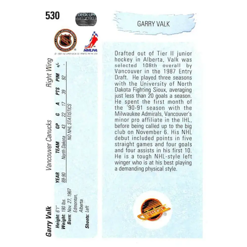 1990-91 Upper Deck #530 Garry Valk NM-MT RC Rookie Vancouver Canucks Hockey Card