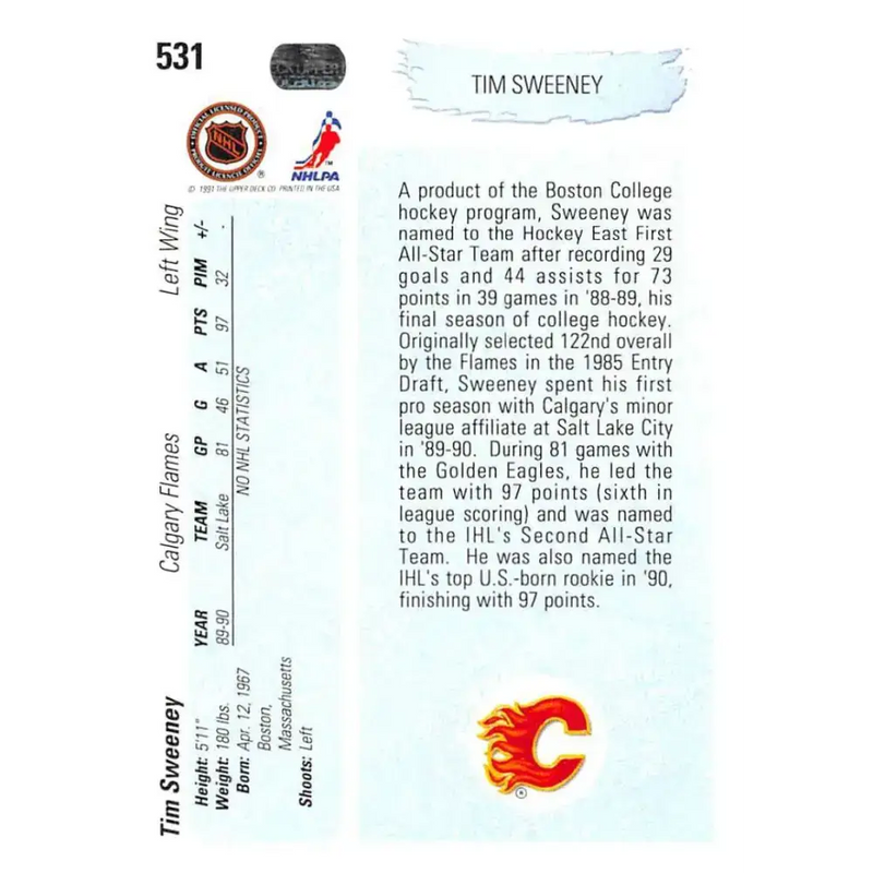 1990-91 Upper Deck #531 Tim Sweeney NM-MT RC Rookie Calgary Flames Hockey Card