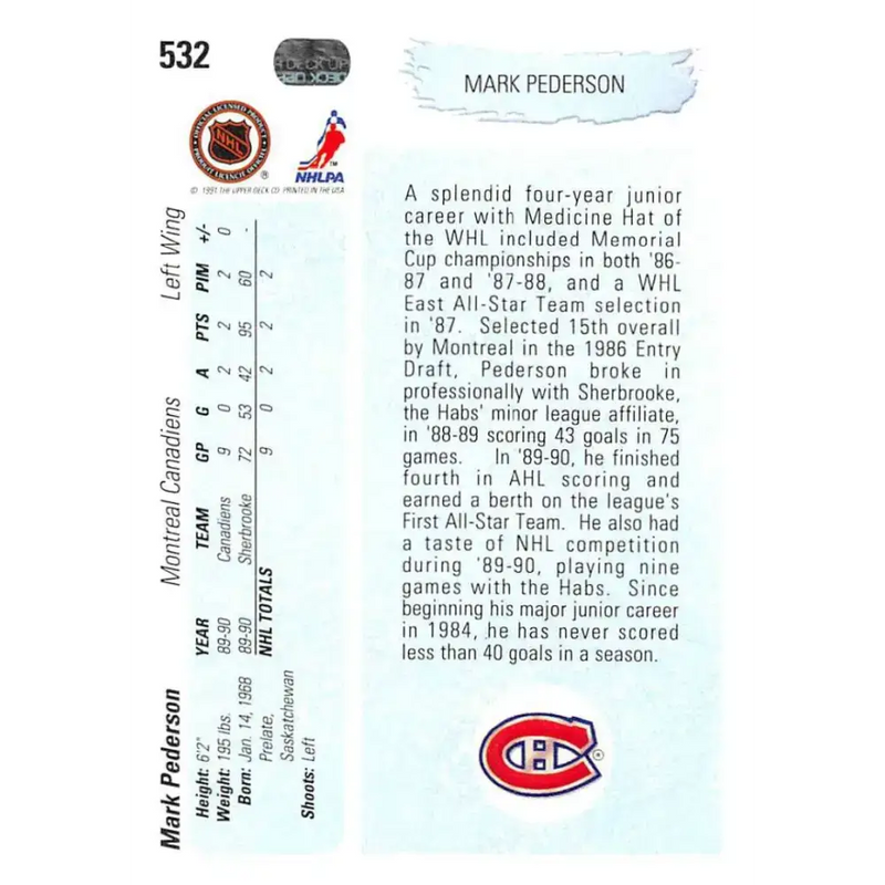 1990-91 Upper Deck #532 Mark Pederson NM-MT Montreal Canadiens Hockey Card - Hockey Card Single