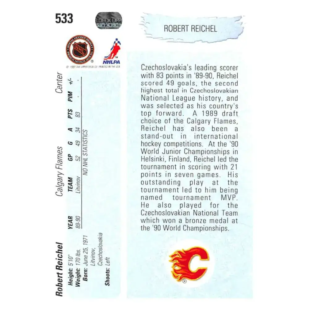 1990-91 Upper Deck #533 Robert Reichel NM-MT RC Rookie Calgary Flames Hockey Card - Hockey Card Single