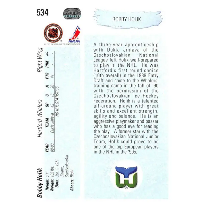1990-91 Upper Deck #534 Bobby Holik NM-MT RC Rookie Hartford Whalers Hockey Card - Hockey Card Single