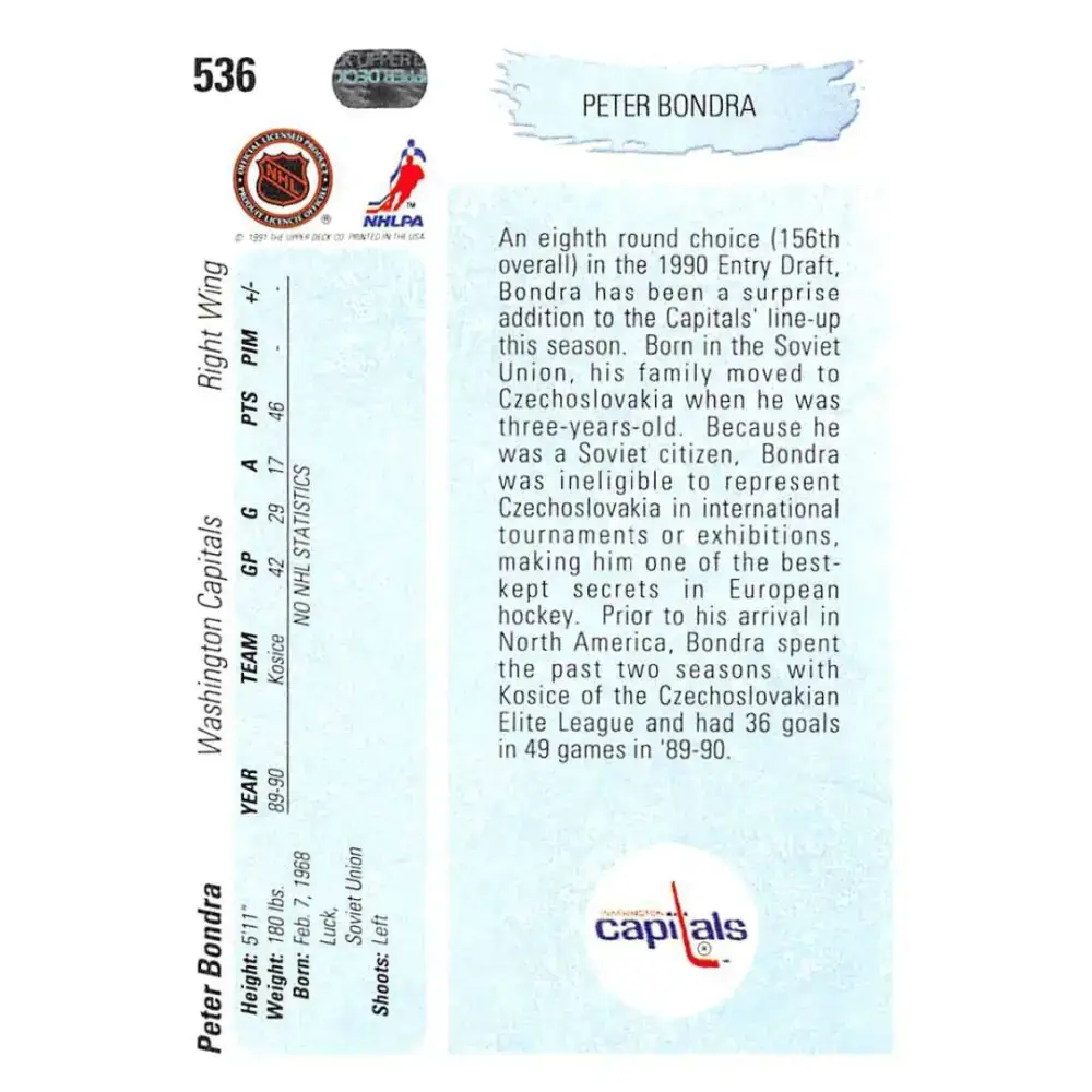 1990-91 Upper Deck #536 Peter Bondra NM-MT RC Rookie Washington Capitals Hockey Card - Hockey Card Single