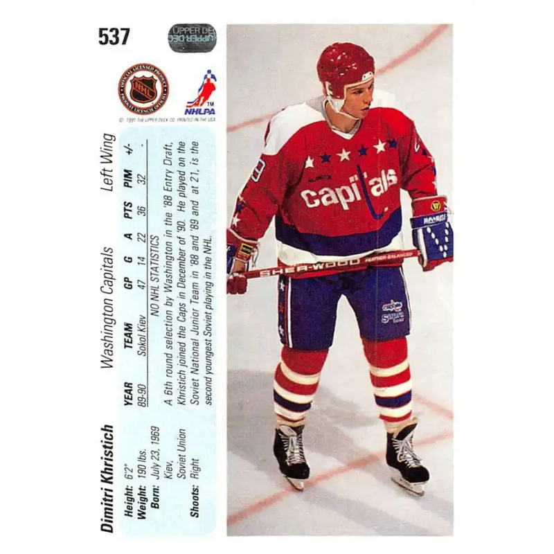 1990-91 Upper Deck #537 Dimitri Khristich NM-MT RC Rookie Washington Capitals Hockey Card