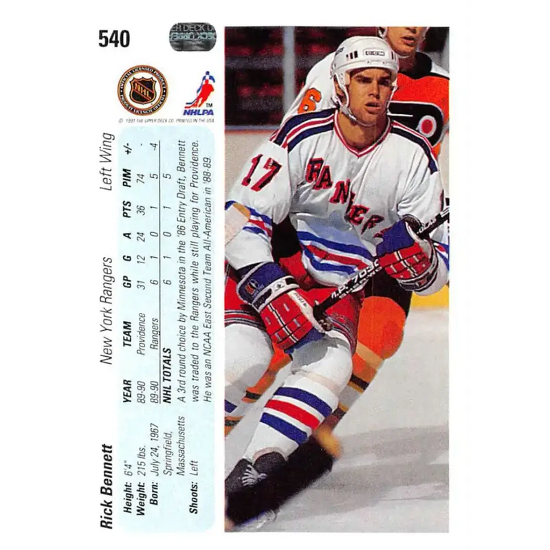 1990-91 Upper Deck #540 Rick Bennett NM-MT New York Rangers Hockey Card - Hockey Card Single