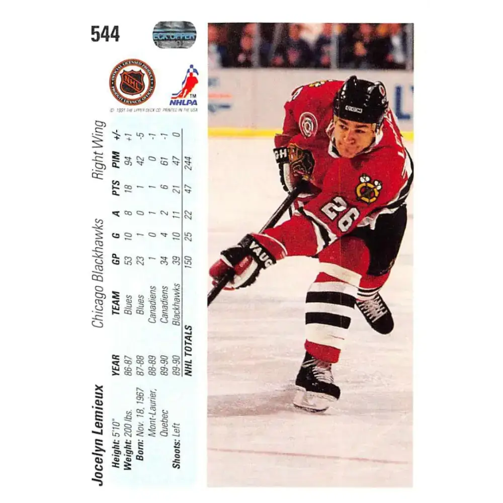 1990-91 Upper Deck #544 Jocelyn Lemieux NM-MT Chicago Blackhawks Hockey Card