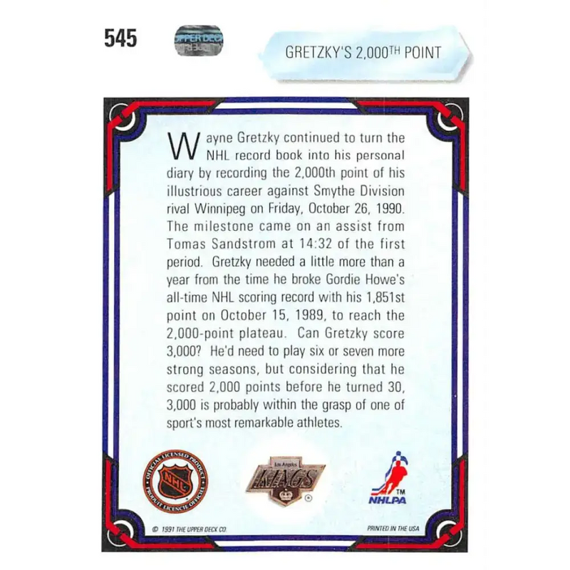 1990-91 Upper Deck #545 Wayne Gretzky NM-MT Los Angeles Kings Hockey Card - Hockey Card Single