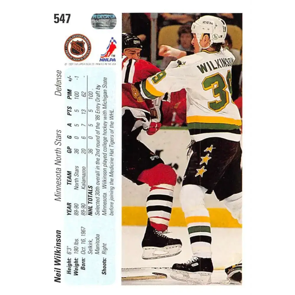 1990-91 Upper Deck #547 Neil Wilkinson NM-MT RC Rookie Minnesota North Stars Hockey Card - Hockey Card Single
