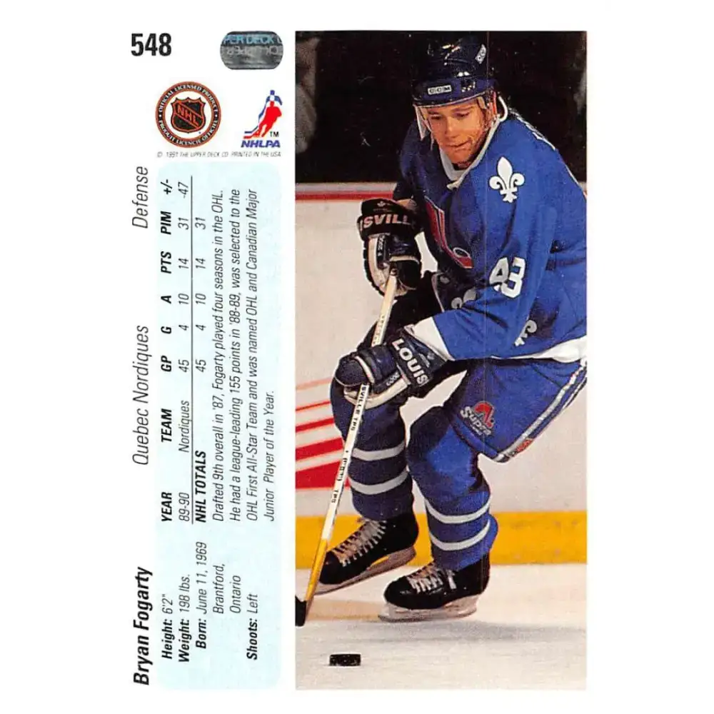 1990-91 Upper Deck #548 Bryan Fogarty NM-MT Quebec Nordiques Hockey Card - Hockey Card Single