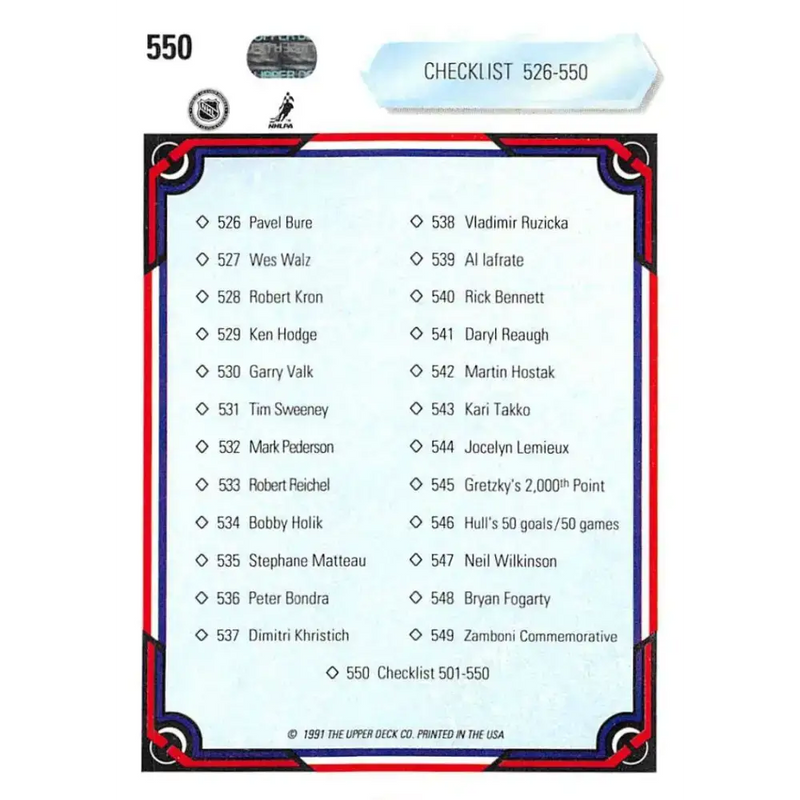 1990-91 Upper Deck #550 Checklist 501-550 NM-MT Hockey Card