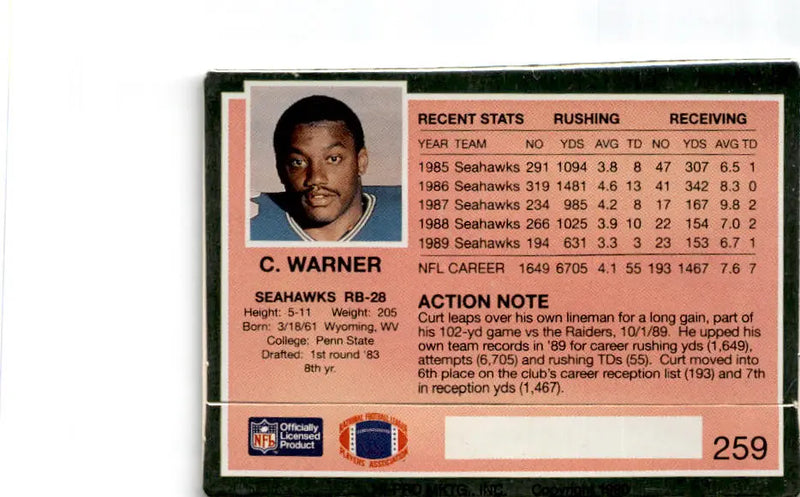 1990 Action Packed #259 Curt Warner - Football Card Single