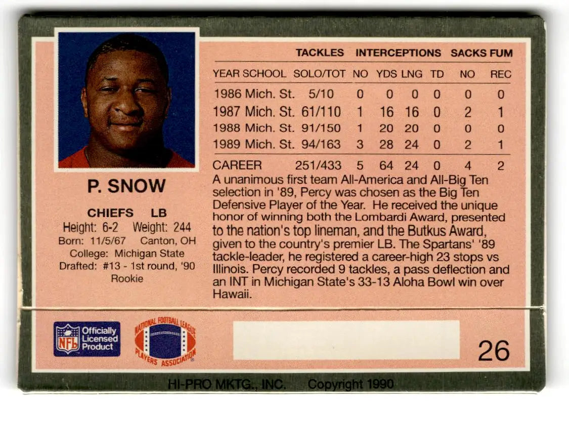 1990 Action Packed Rookie/Update #26 Percy Snow - Football Card Single