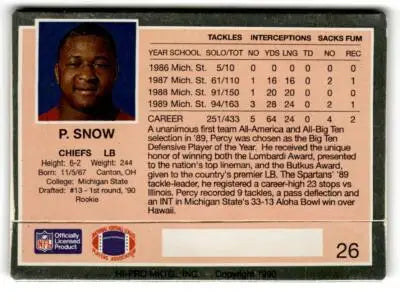 1990 Action Packed Rookie/Update #26 Percy Snow - Football Card Single