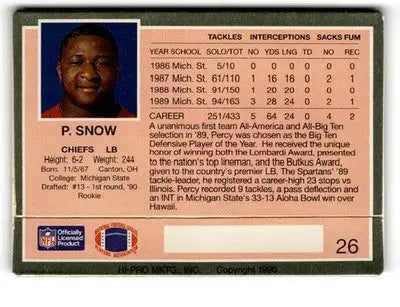 1990 Action Packed Rookie/Update #26 Percy Snow - Football Card Single