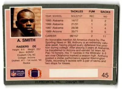 1990 Action Packed Rookie/Update #45 Anthony Smith - Football Card Single