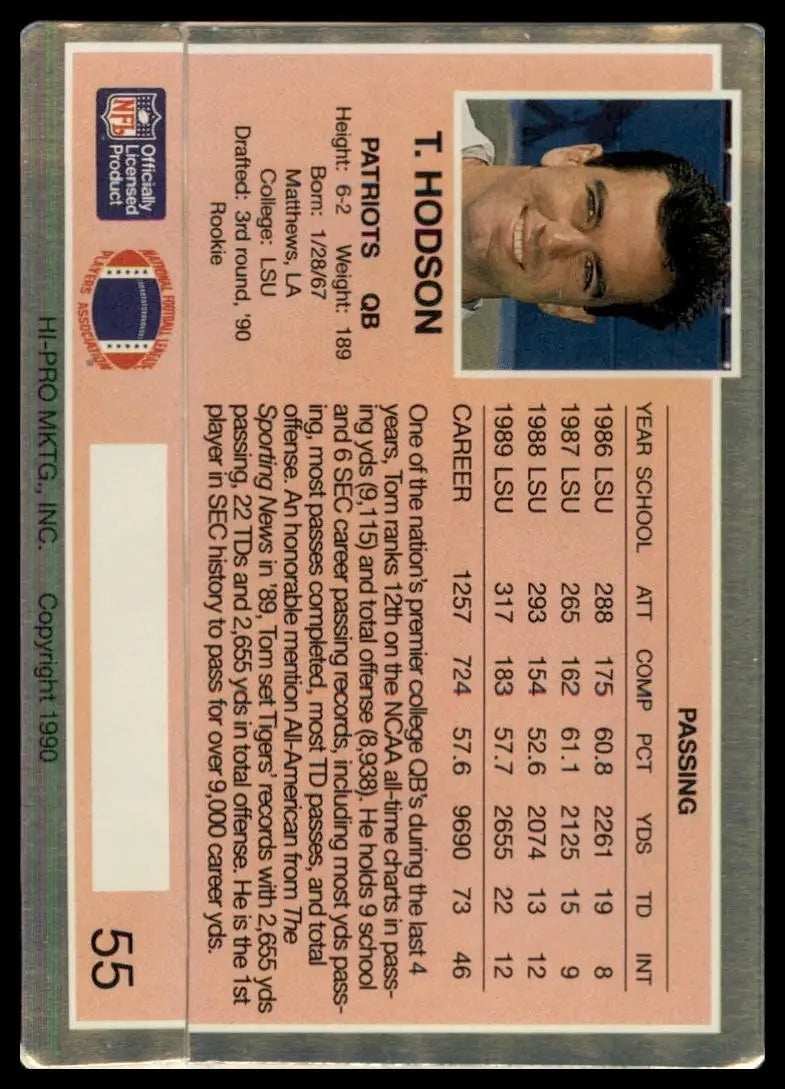 1990 Action Packed Rookie Update Tom Hodson #55 Rookie New England Patriots Card - Football Card Single