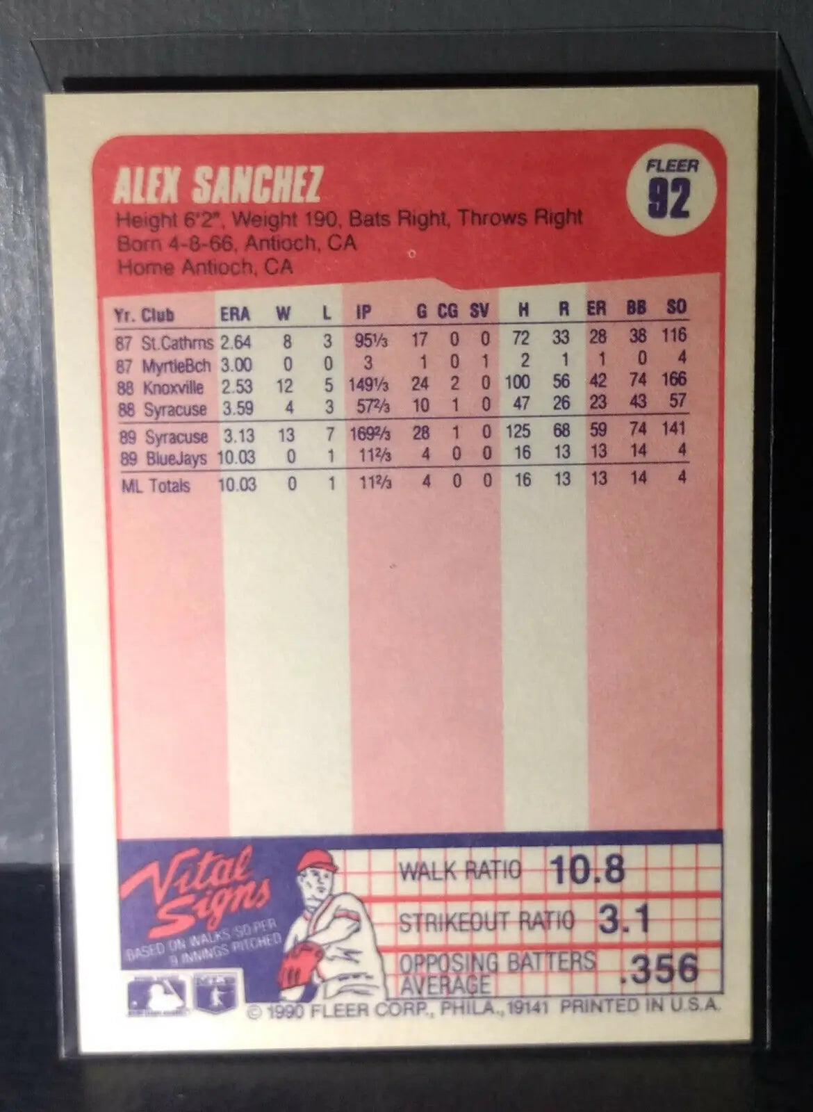1990 Alex Sanchez Fleer Baseball Card #92