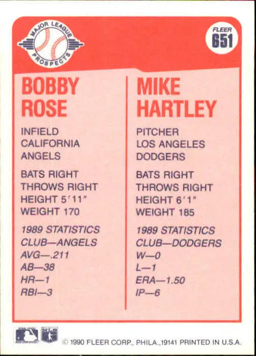 1990 Bobby Rose / Mike Hartley Fleer Baseball Card #651