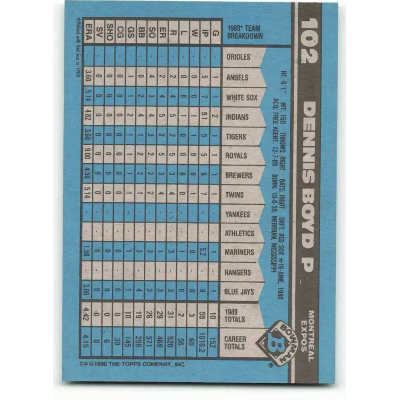 1990 Bowman #102 Oil Can Boyd NM-MT Montreal Expos Baseball Card - Baseball Card Single