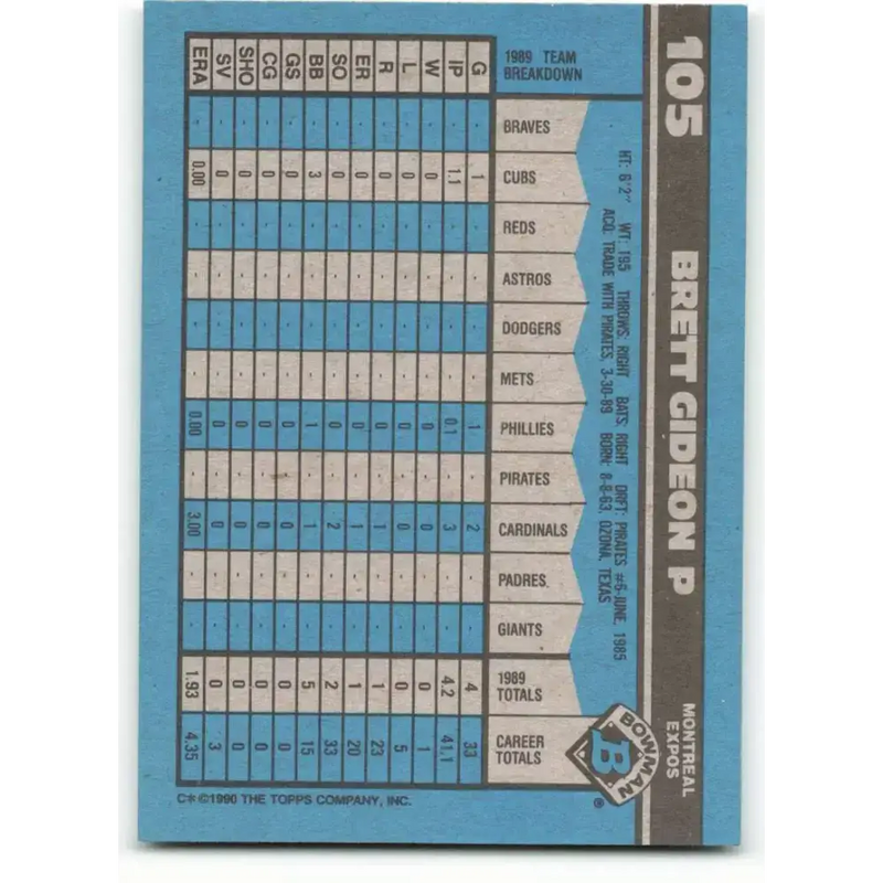 1990 Bowman #105 Brett Gideon NM-MT Montreal Expos Baseball Card - Baseball Card Single