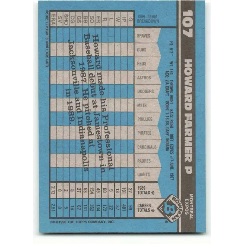 1990 Bowman #107 Howard Farmer NM-MT RC Rookie Montreal Expos Baseball Card - Baseball Card Single