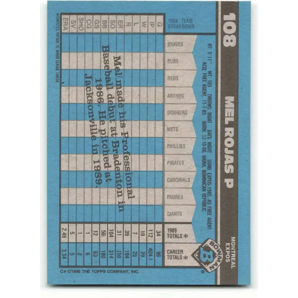 1990 Bowman #108 Mel Rojas NM-MT RC Rookie Montreal Expos Baseball Card - Baseball Card Single