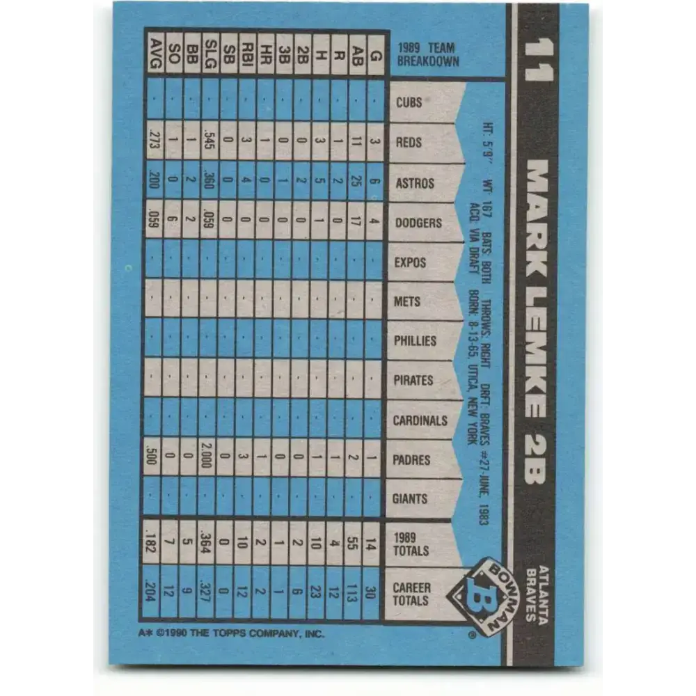 1990 Bowman #11 Mark Lemke NM-MT Atlanta Braves Baseball Card - Baseball Card Single