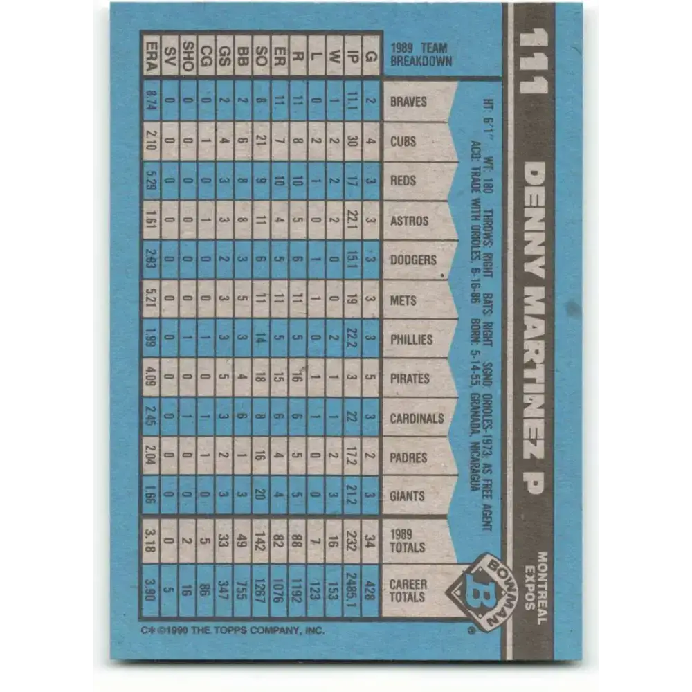 1990 Bowman #111 Dennis Martinez NM-MT Montreal Expos Baseball Card - Baseball Card Single