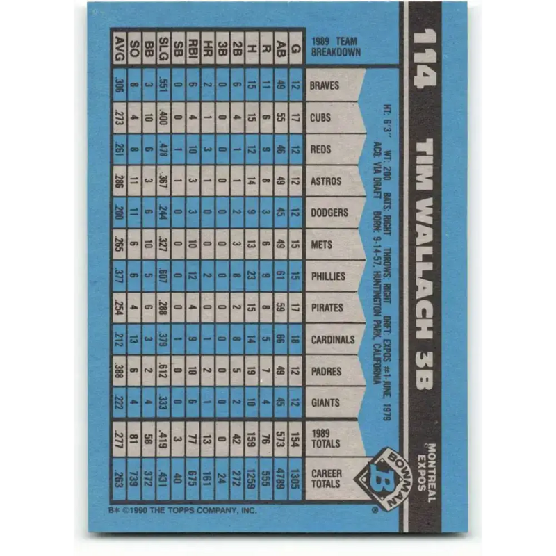 1990 Bowman #114 Tim Wallach NM-MT Montreal Expos Baseball Card - Baseball Card Single