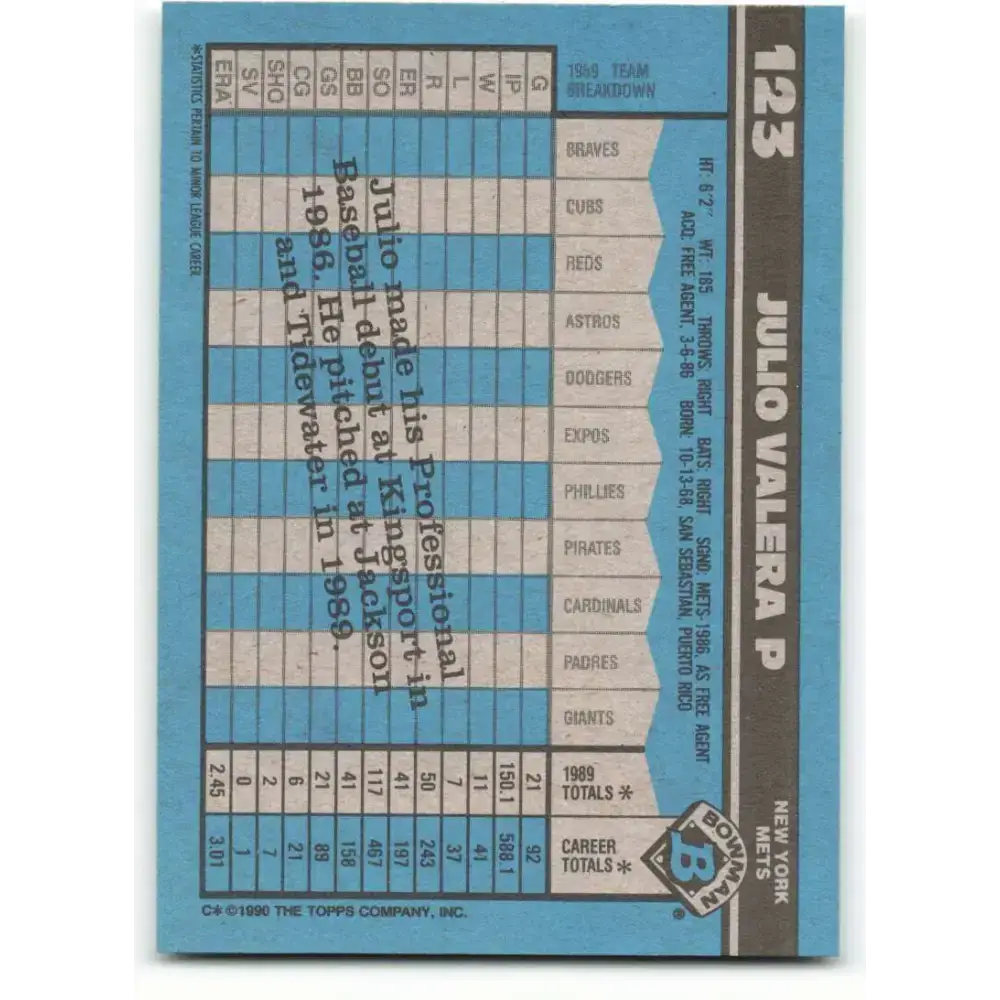 1990 Bowman #123 Julio Valera NM-MT RC Rookie New York Mets Baseball Card - Baseball Card Single