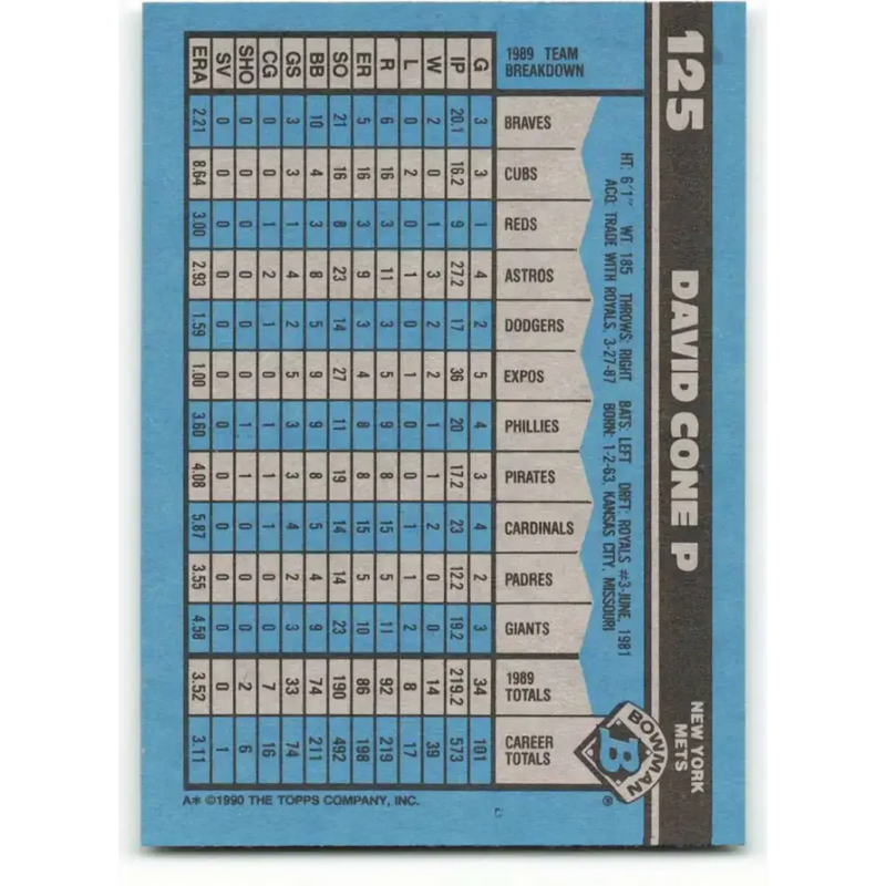 1990 Bowman #125 David Cone NM-MT New York Mets Baseball Card - Baseball Card Single