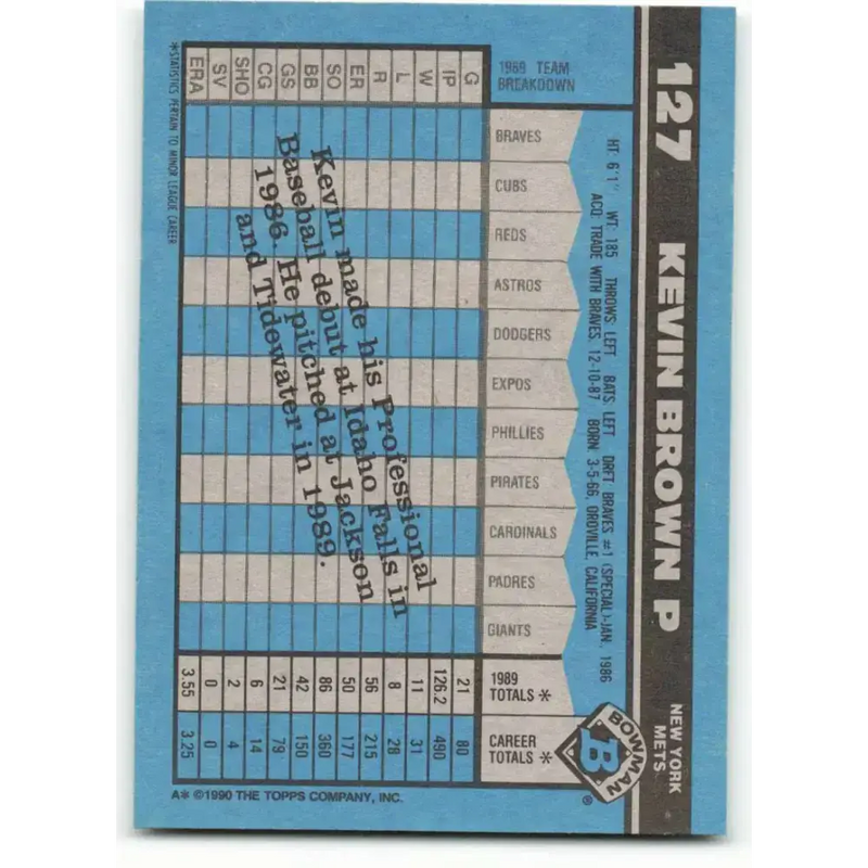 1990 Bowman #127 Kevin Brown NM-MT RC Rookie New York Mets Baseball Card - Baseball Card Single