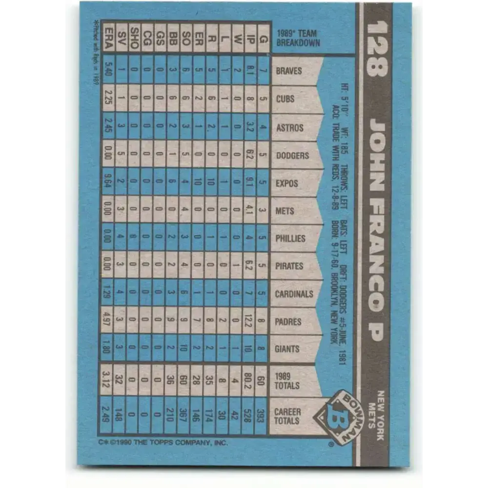 1990 Bowman #128 John Franco NM-MT New York Mets Baseball Card - Baseball Card Single