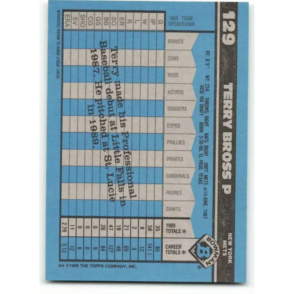 1990 Bowman #129 Terry Bross NM-MT RC Rookie New York Mets Baseball Card - Baseball Card Single