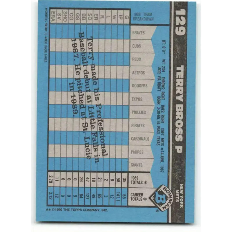 1990 Bowman #129 Terry Bross NM-MT RC Rookie New York Mets Baseball Card - Baseball Card Single