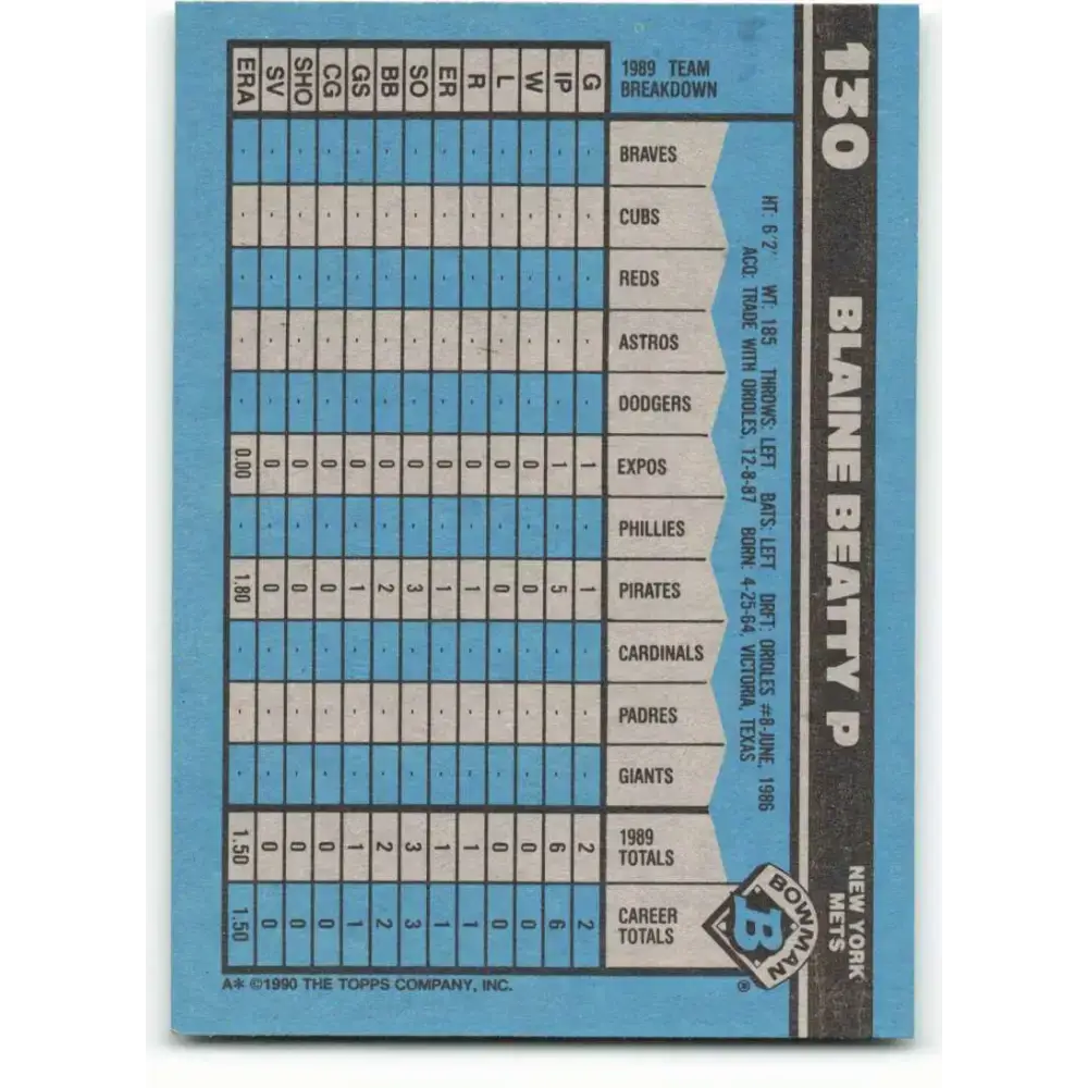 1990 Bowman #130 Blaine Beatty NM-MT RC Rookie New York Mets Baseball Card - Baseball Card Single