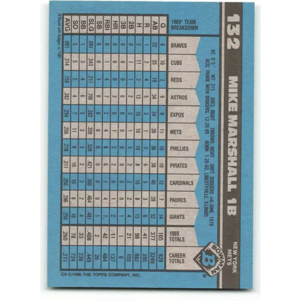 1990 Bowman #132 Mike Marshall NM-MT New York Mets Baseball Card - Baseball Card Single