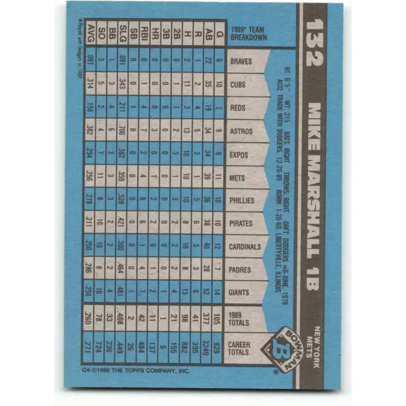 1990 Bowman #132 Mike Marshall NM-MT New York Mets Baseball Card - Baseball Card Single