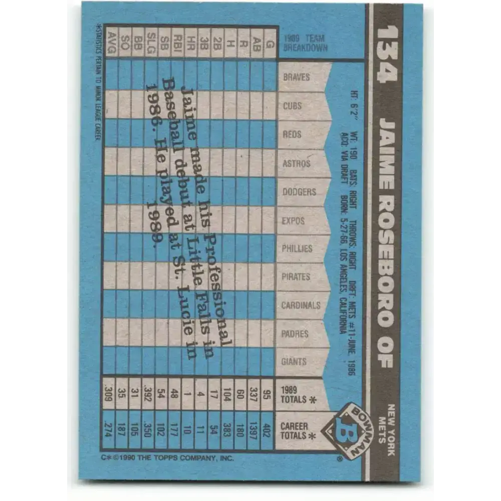 1990 Bowman #134 Jaime Roseboro NM-MT RC Rookie New York Mets Baseball Card - Baseball Card Single