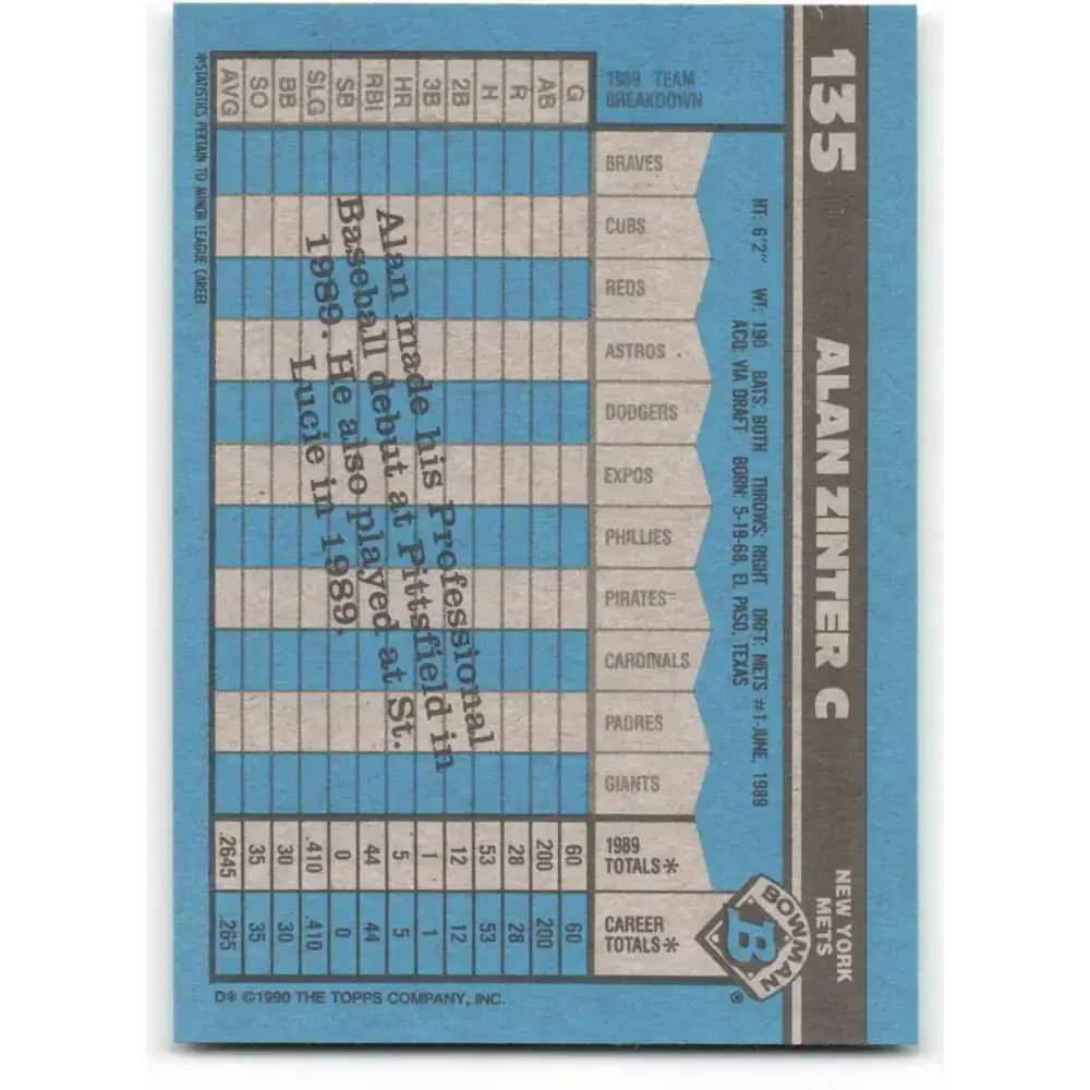 1990 Bowman #135 Alan Zinter NM-MT RC Rookie New York Mets Baseball Card - Baseball Card Single