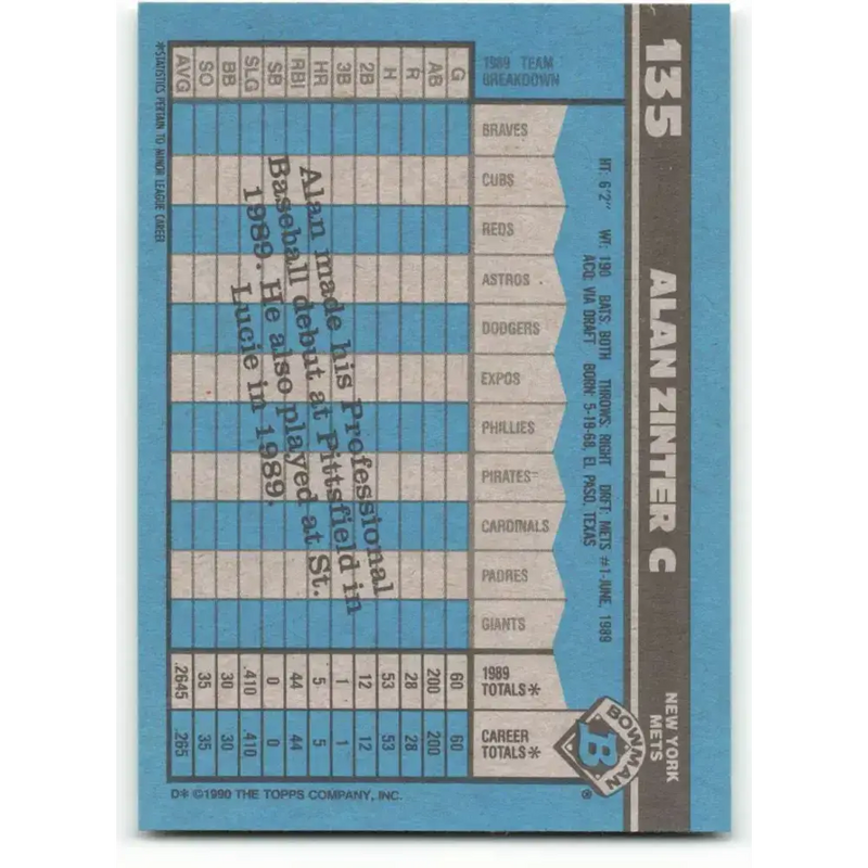 1990 Bowman #135 Alan Zinter NM-MT RC Rookie New York Mets Baseball Card - Baseball Card Single