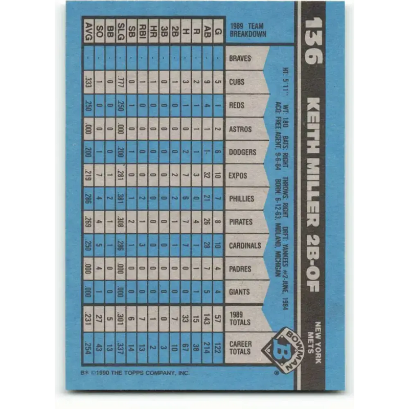 1990 Bowman #136 Keith Miller NM-MT New York Mets Baseball Card