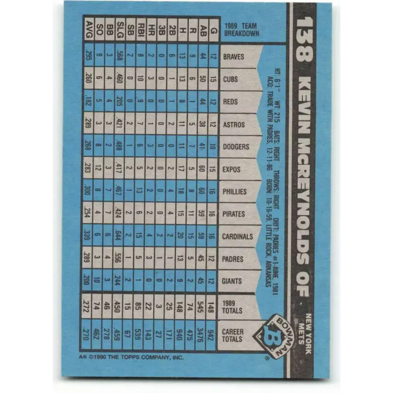 1990 Bowman #138 Kevin McReynolds NM-MT New York Mets Baseball Card - Baseball Card Single