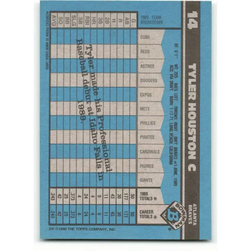1990 Bowman #14 Tyler Houston NM-MT RC Rookie Atlanta Braves Baseball Card - Baseball Card Single
