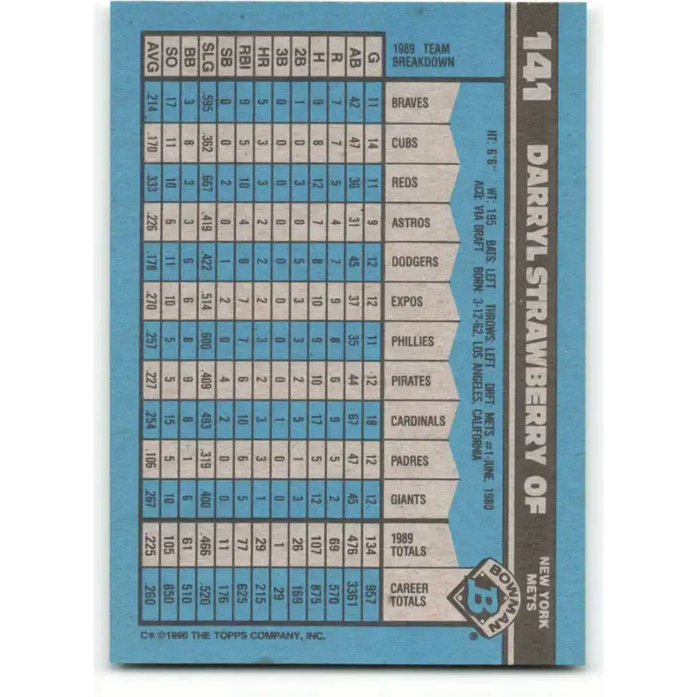 1990 Bowman #141 Darryl Strawberry NM-MT New York Mets Baseball Card - Baseball Card Single
