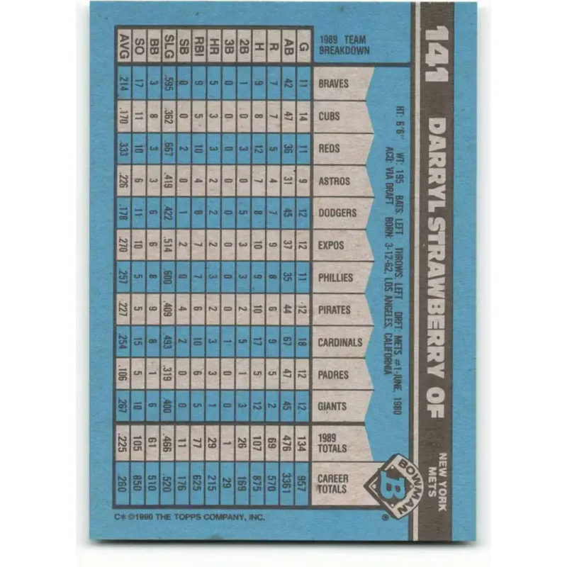 1990 Bowman #141 Darryl Strawberry NM-MT New York Mets Baseball Card - Baseball Card Single