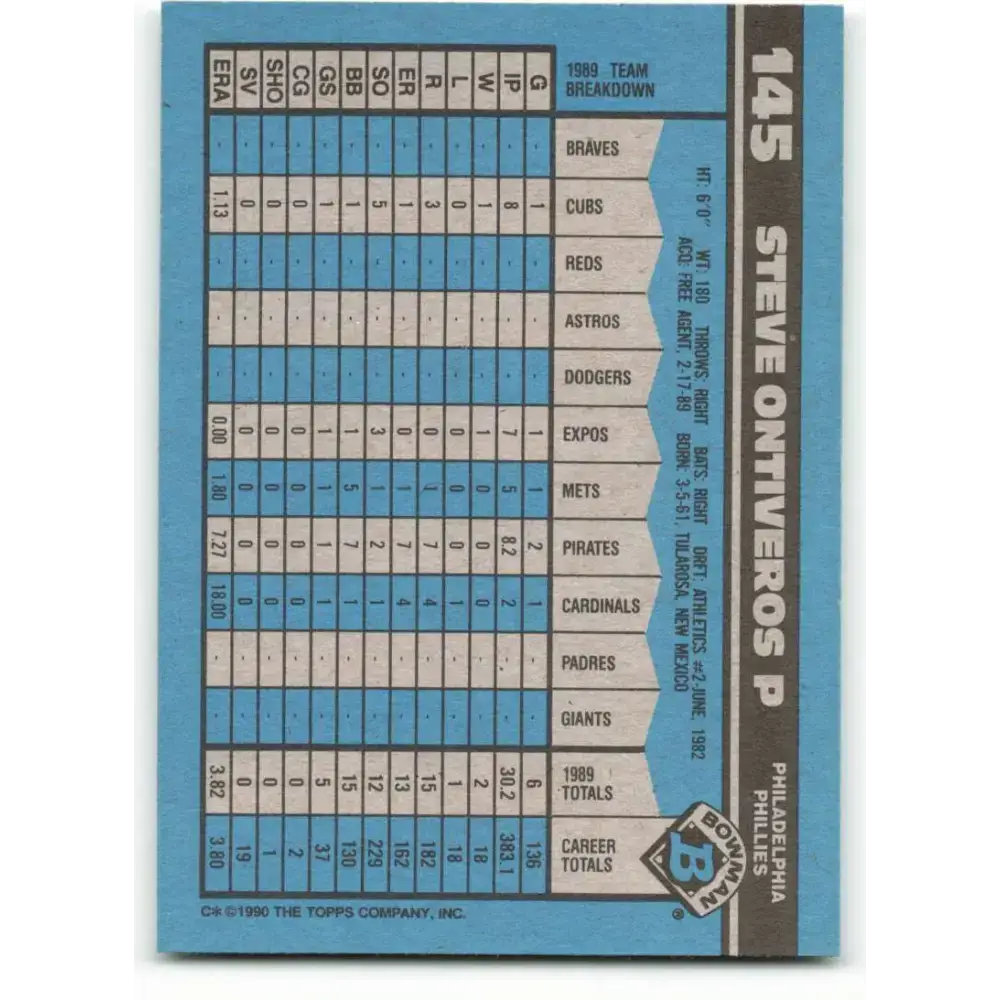 1990 Bowman #145 Steve Ontiveros NM-MT Philadelphia Phillies Baseball Card - Baseball Card Single