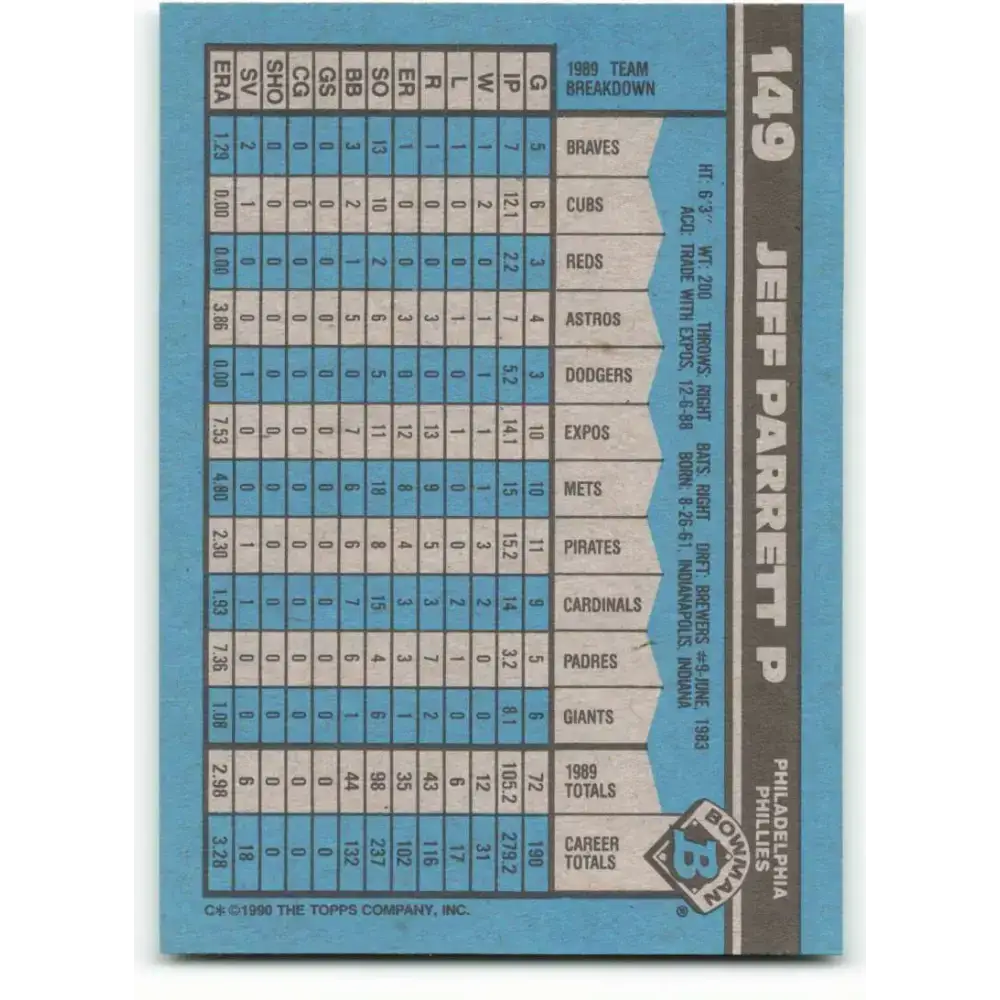1990 Bowman #149 Jeff Parrett NM-MT Philadelphia Phillies Baseball Card - Baseball Card Single